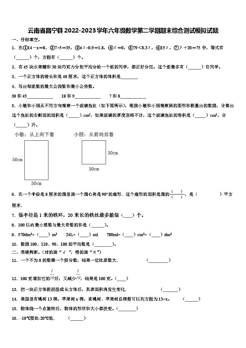 云南省昌宁县2022-2023学年六年级数学第二学期期末综合测试模拟试题含解析01