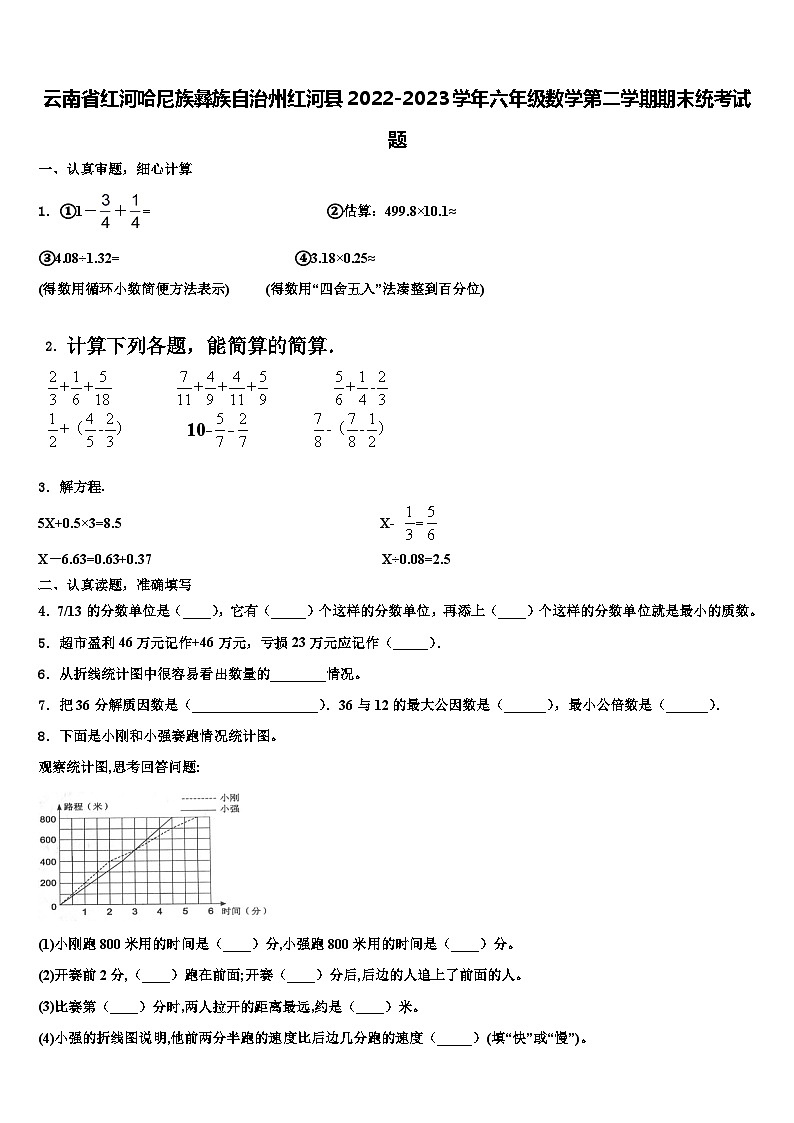 云南省红河哈尼族彝族自治州红河县2022-2023学年六年级数学第二学期期末统考试题含解析第1页