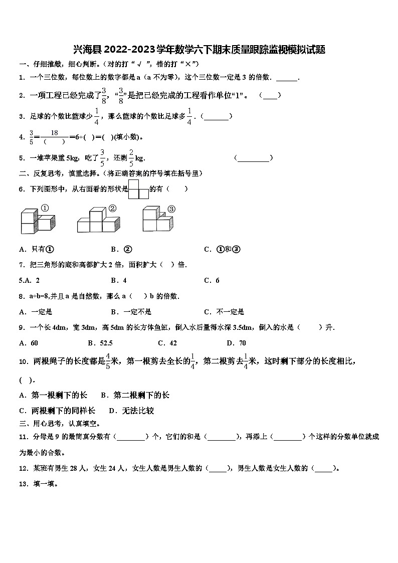 兴海县2022-2023学年数学六下期末质量跟踪监视模拟试题含解析第1页