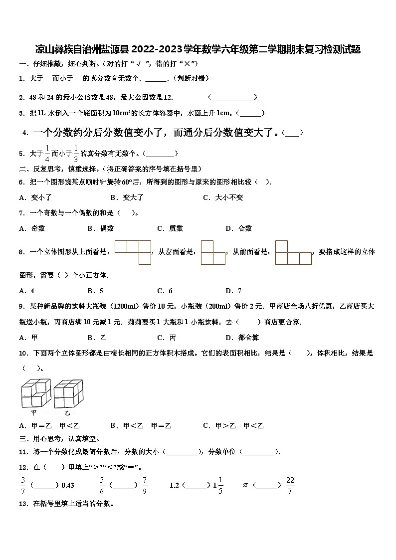 凉山彝族自治州盐源县2022-2023学年数学六年级第二学期期末复习检测试题含解析第1页