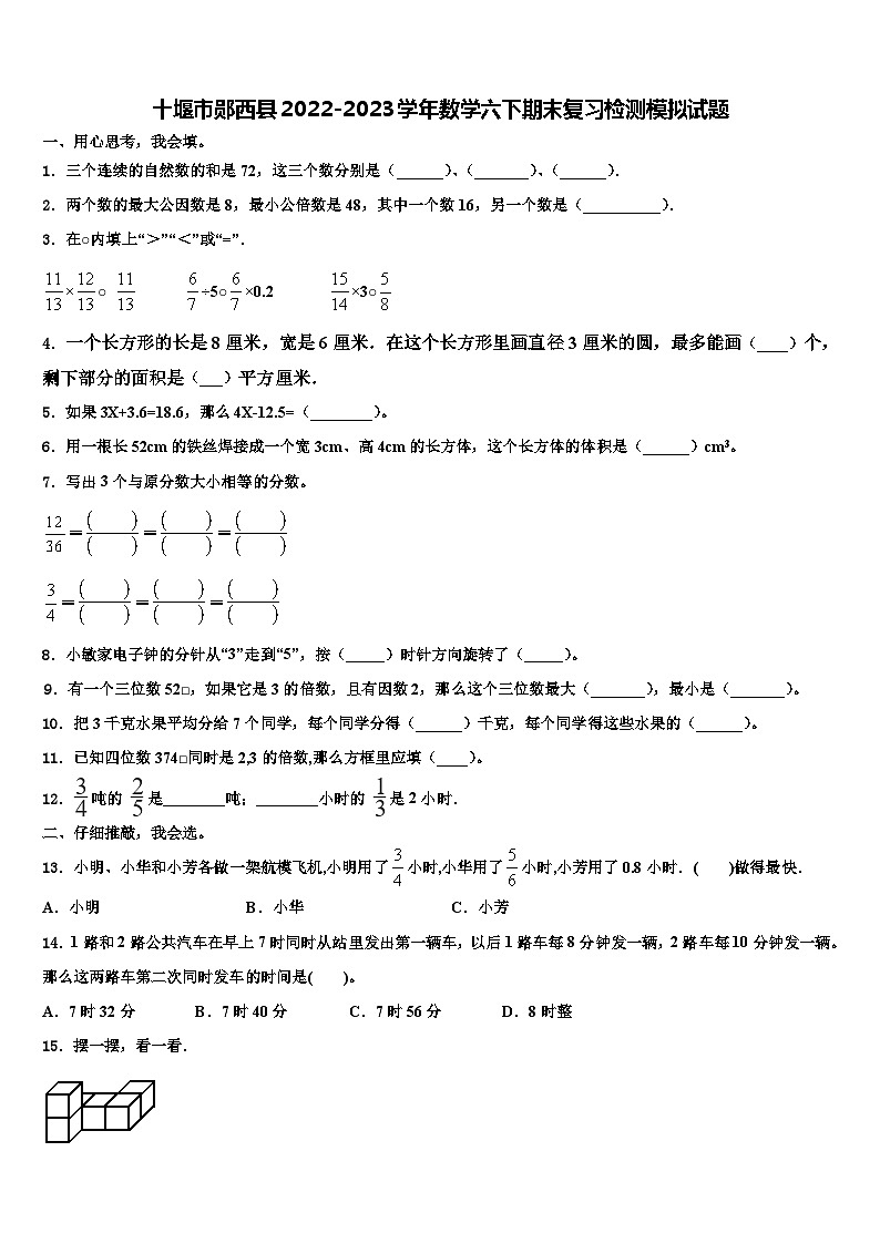 十堰市郧西县2022-2023学年数学六下期末复习检测模拟试题含解析第1页