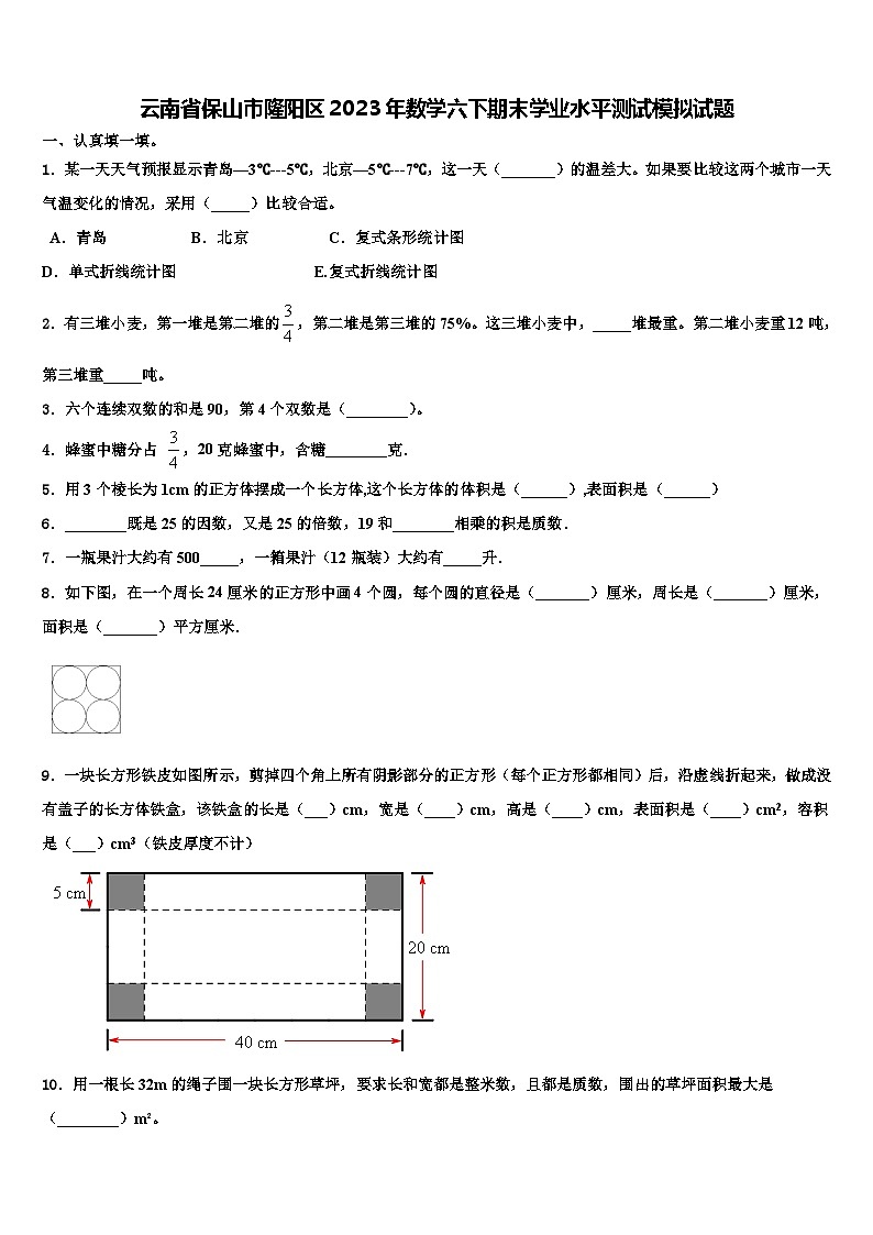 云南省保山市隆阳区2023年数学六下期末学业水平测试模拟试题含解析01