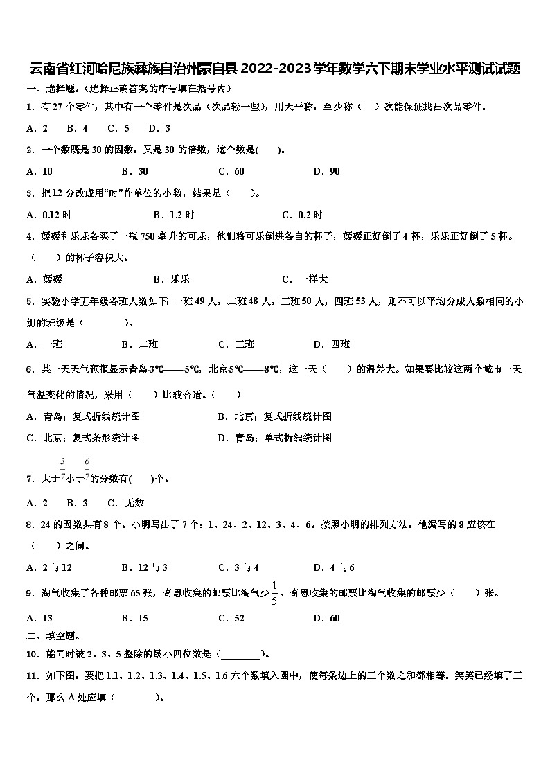 云南省红河哈尼族彝族自治州蒙自县2022-2023学年数学六下期末学业水平测试试题含解析01