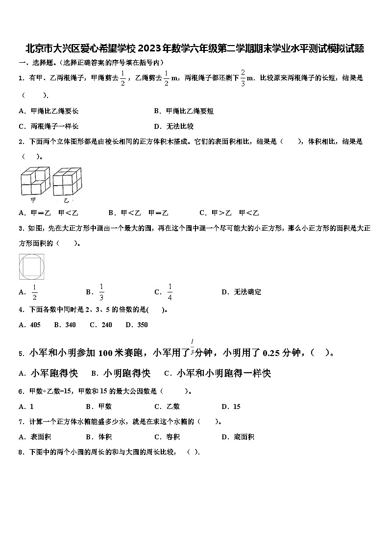 北京市大兴区爱心希望学校2023年数学六年级第二学期期末学业水平测试模拟试题含解析第1页