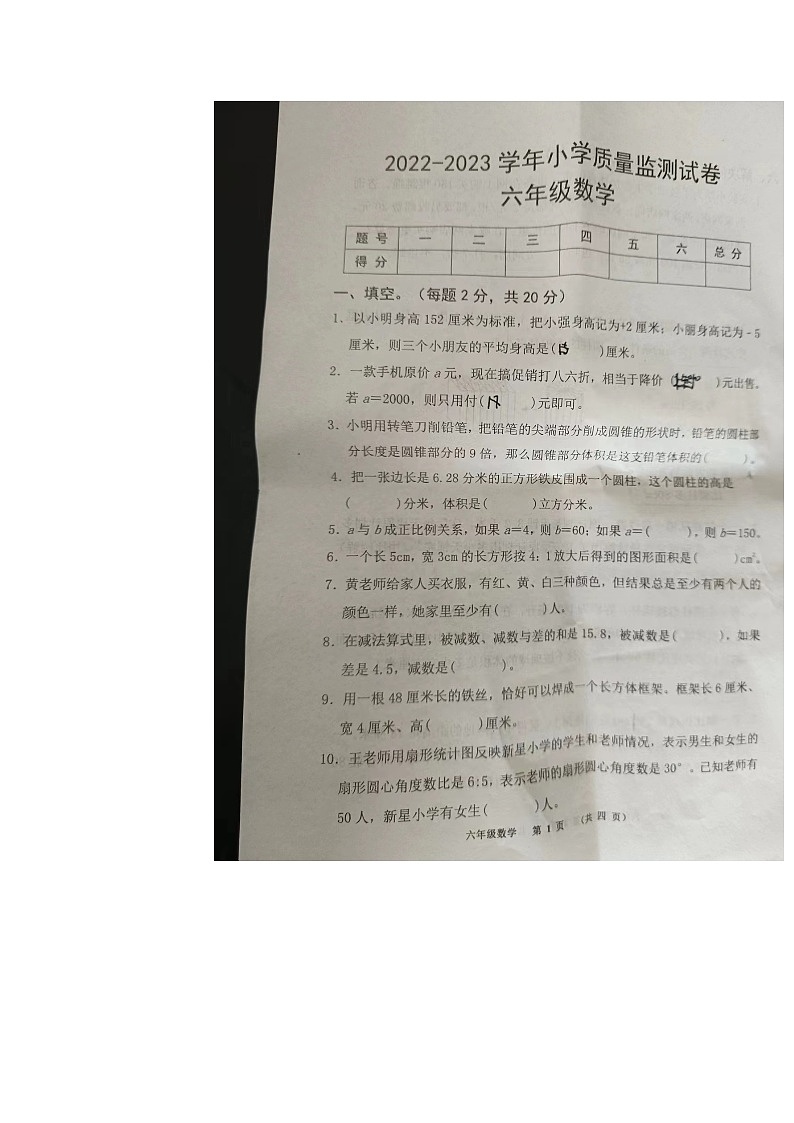 河南省商丘市民权县2022-2023学年六年级下学期6月期末数学试题第1页