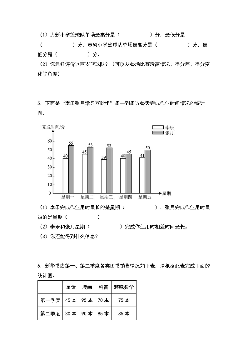 人教版数学四年级下册期末典例专项练习十：复式统计表的应用（试卷）第3页