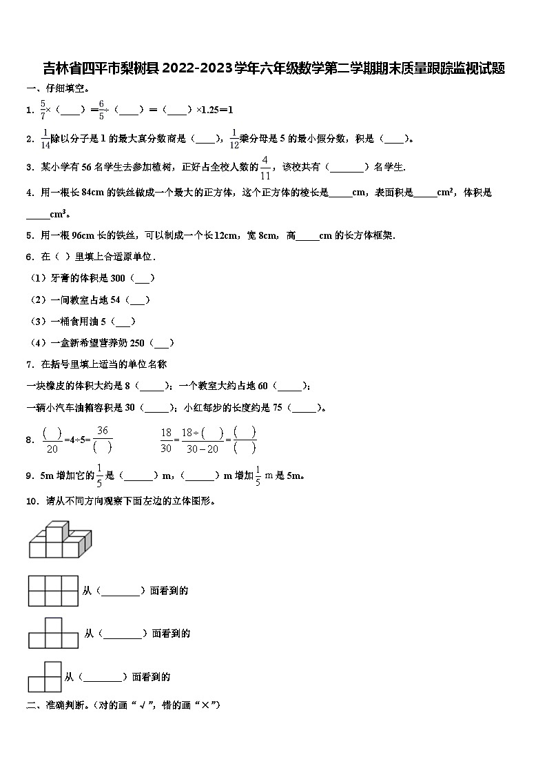 吉林省四平市梨树县2022-2023学年六年级数学第二学期期末质量跟踪监视试题含解析01