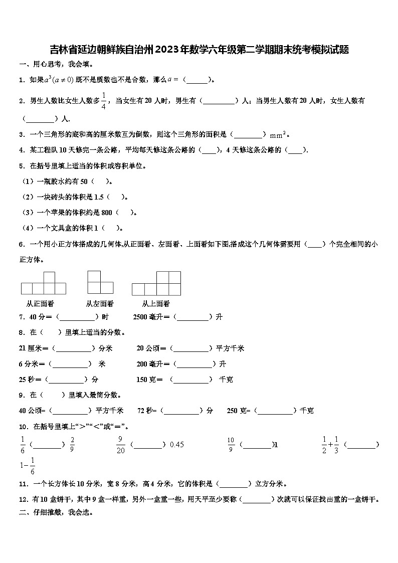 吉林省延边朝鲜族自治州2023年数学六年级第二学期期末统考模拟试题含解析第1页