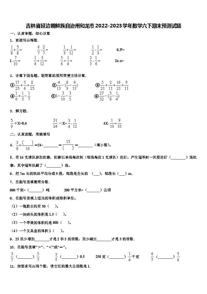吉林省延边朝鲜族自治州和龙市2022-2023学年数学六下期末预测试题含解析第1页