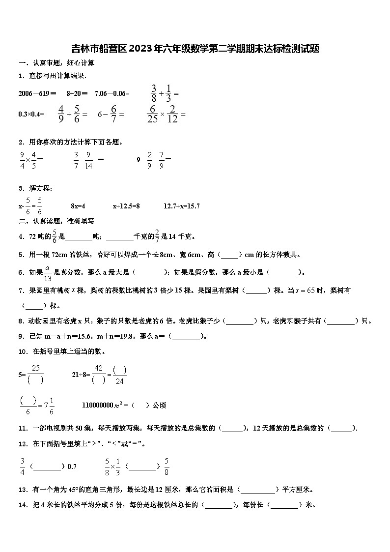 吉林市船营区2023年六年级数学第二学期期末达标检测试题含解析第1页