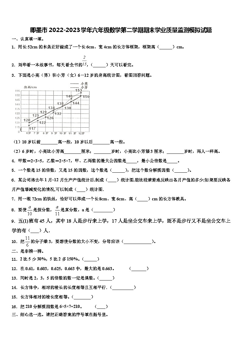 即墨市2022-2023学年六年级数学第二学期期末学业质量监测模拟试题含解析第1页