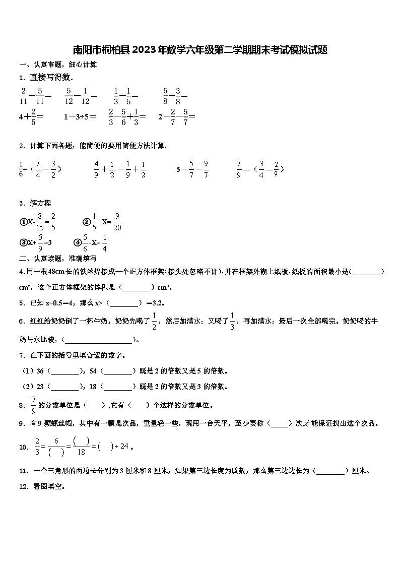 南阳市桐柏县2023年数学六年级第二学期期末考试模拟试题含解析第1页