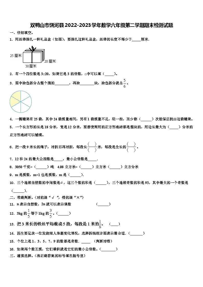 双鸭山市饶河县2022-2023学年数学六年级第二学期期末检测试题含解析01