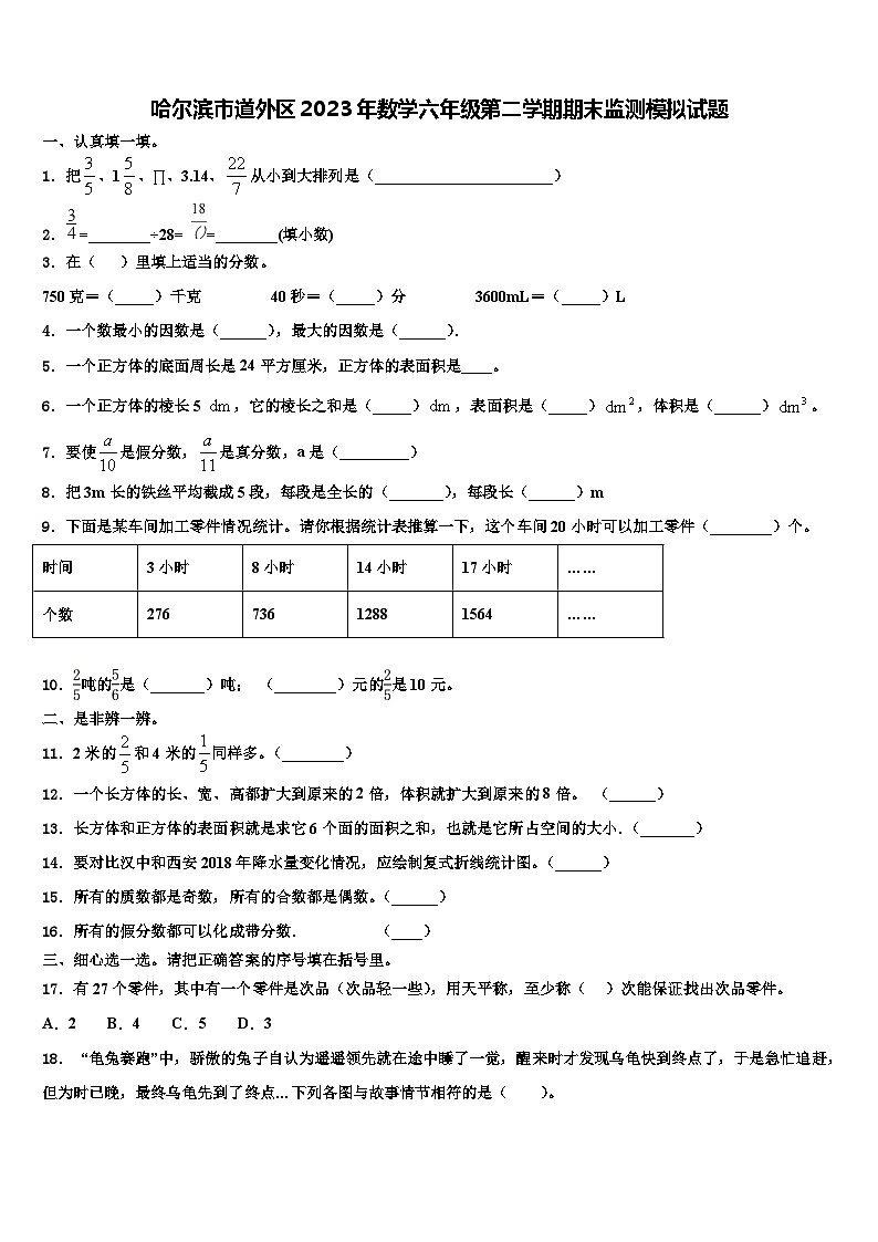 哈尔滨市道外区2023年数学六年级第二学期期末监测模拟试题含解析01