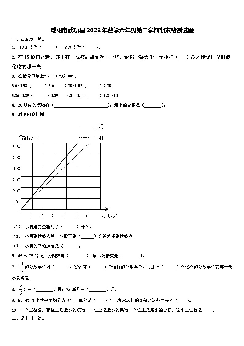 咸阳市武功县2023年数学六年级第二学期期末检测试题含解析01