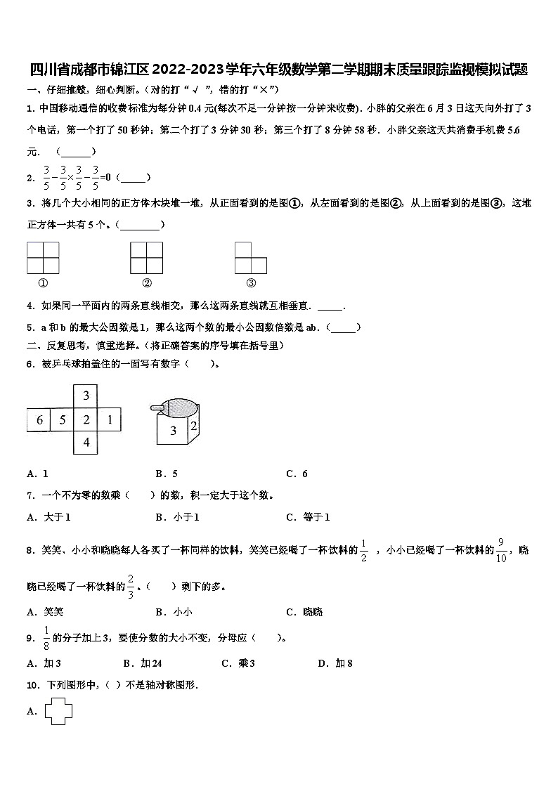 四川省成都市锦江区2022-2023学年六年级数学第二学期期末质量跟踪监视模拟试题含解析01