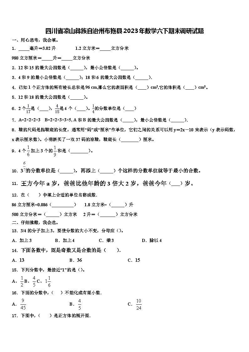 四川省凉山彝族自治州布拖县2023年数学六下期末调研试题含解析第1页