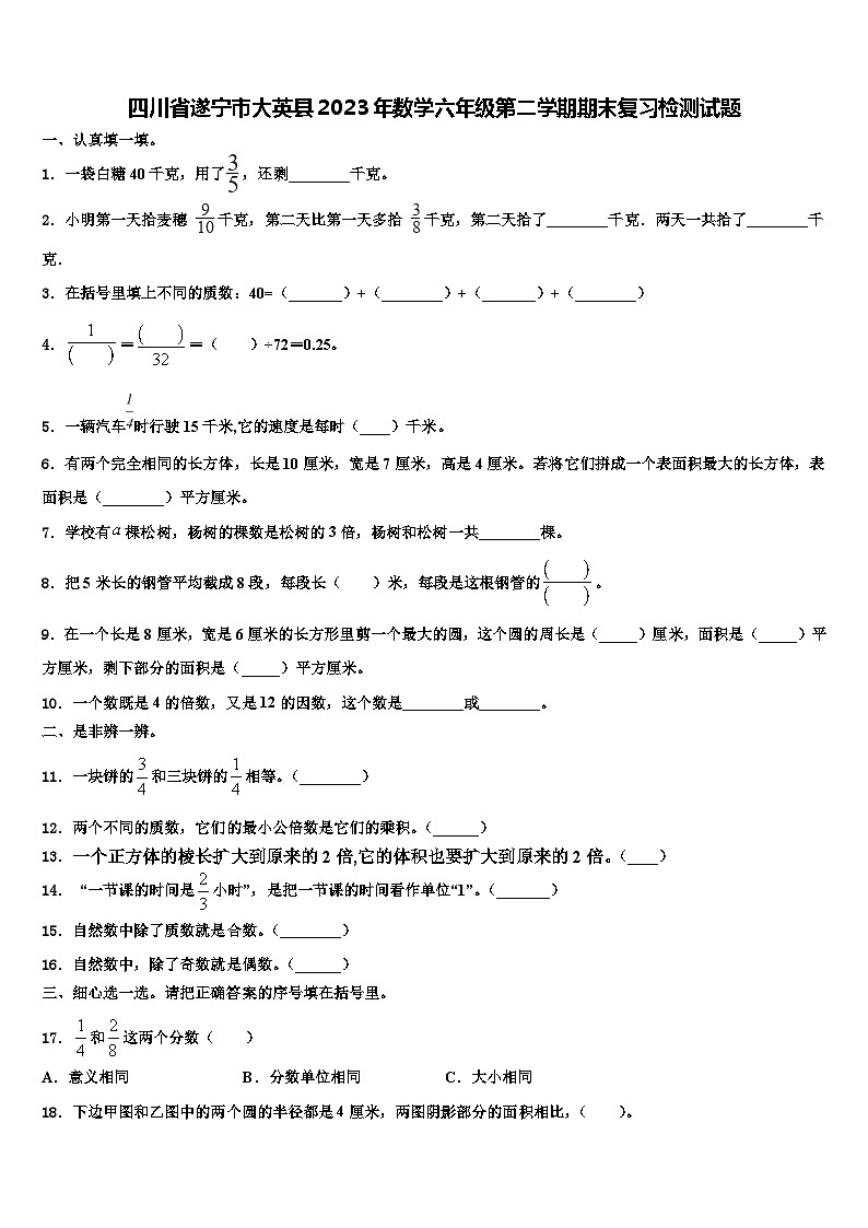 四川省遂宁市大英县2023年数学六年级第二学期期末复习检测试题含解析第1页