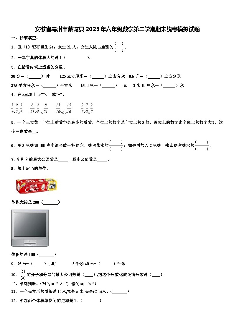安徽省亳州市蒙城县2023年六年级数学第二学期期末统考模拟试题含解析第1页