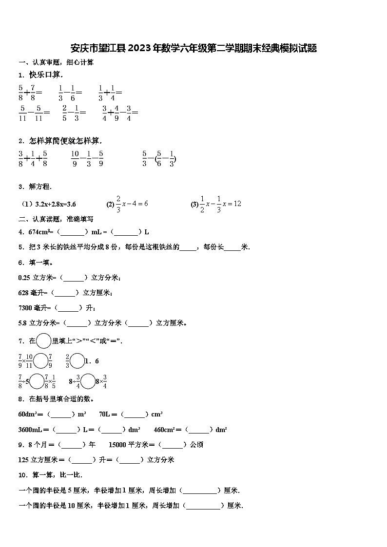 安庆市望江县2023年数学六年级第二学期期末经典模拟试题含解析第1页