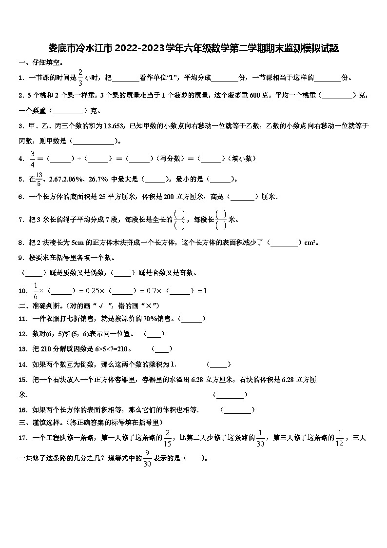 娄底市冷水江市2022-2023学年六年级数学第二学期期末监测模拟试题含解析第1页