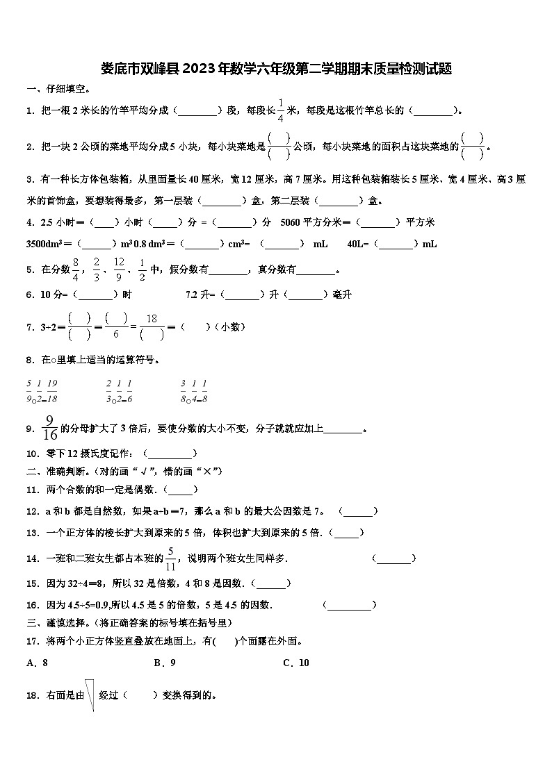 娄底市双峰县2023年数学六年级第二学期期末质量检测试题含解析第1页