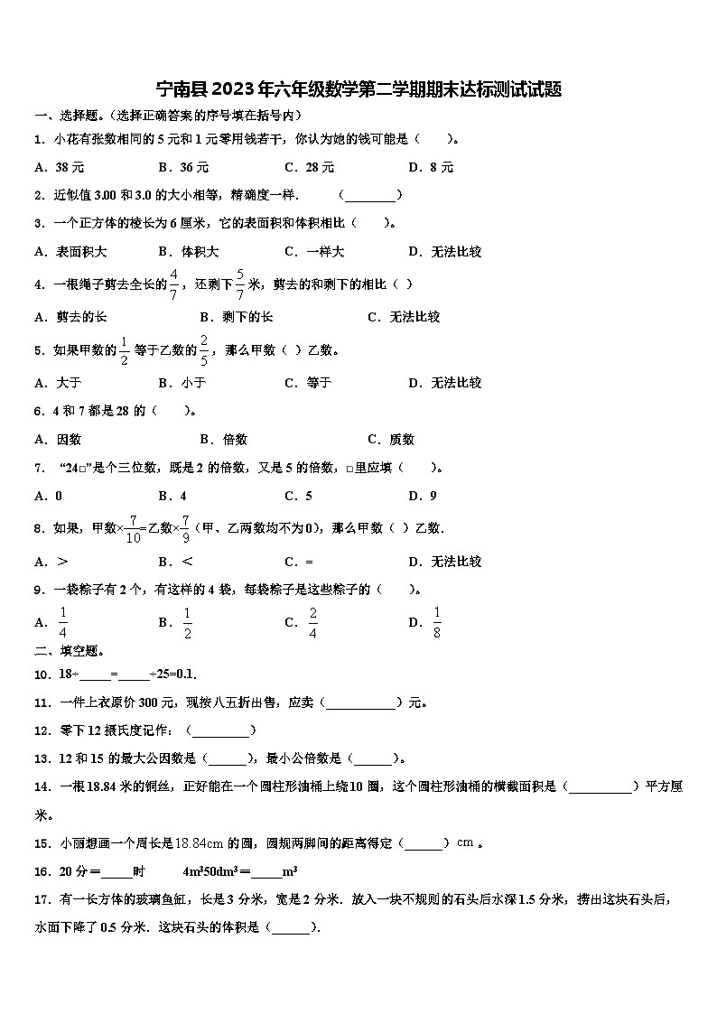 宁南县2023年六年级数学第二学期期末达标测试试题含解析第1页