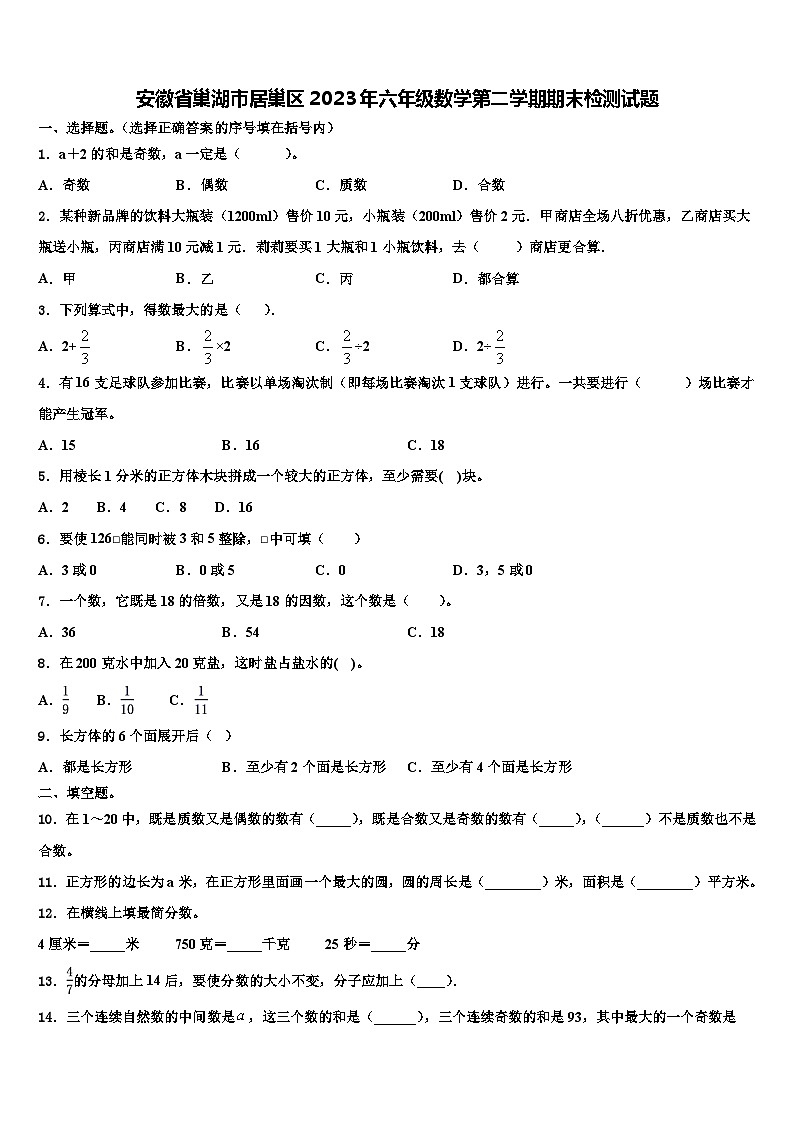 安徽省巢湖市居巢区2023年六年级数学第二学期期末检测试题含解析第1页