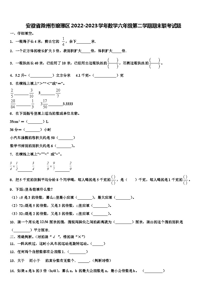 安徽省滁州市琅琊区2022-2023学年数学六年级第二学期期末联考试题含解析01
