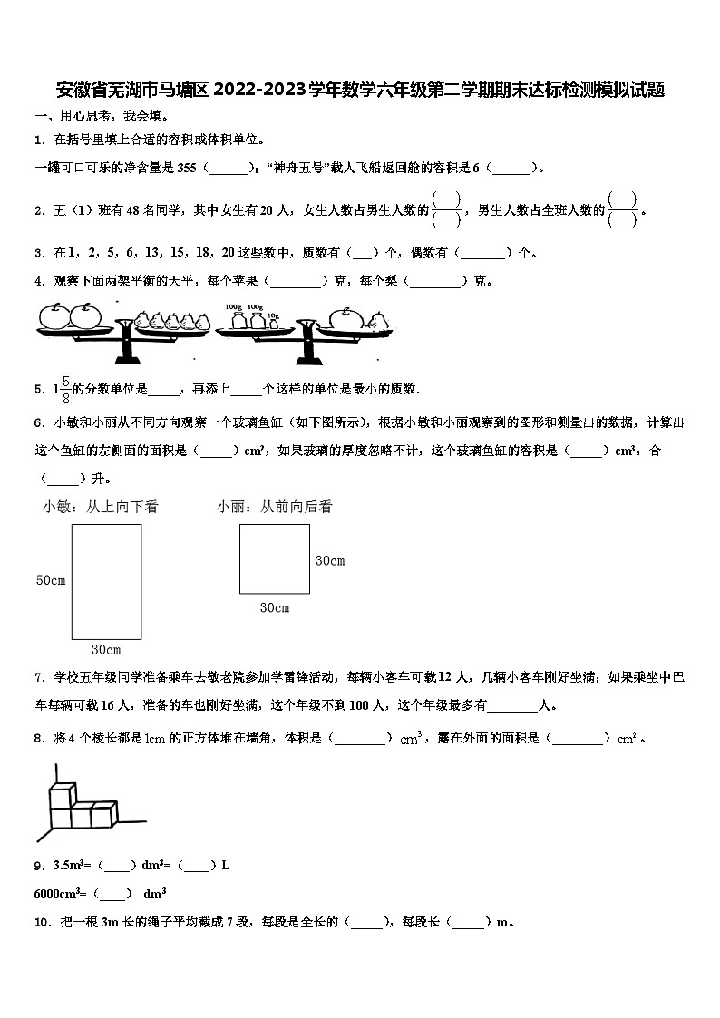 安徽省芜湖市马塘区2022-2023学年数学六年级第二学期期末达标检测模拟试题含解析01