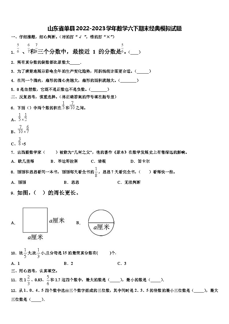 山东省单县2022-2023学年数学六下期末经典模拟试题含解析01