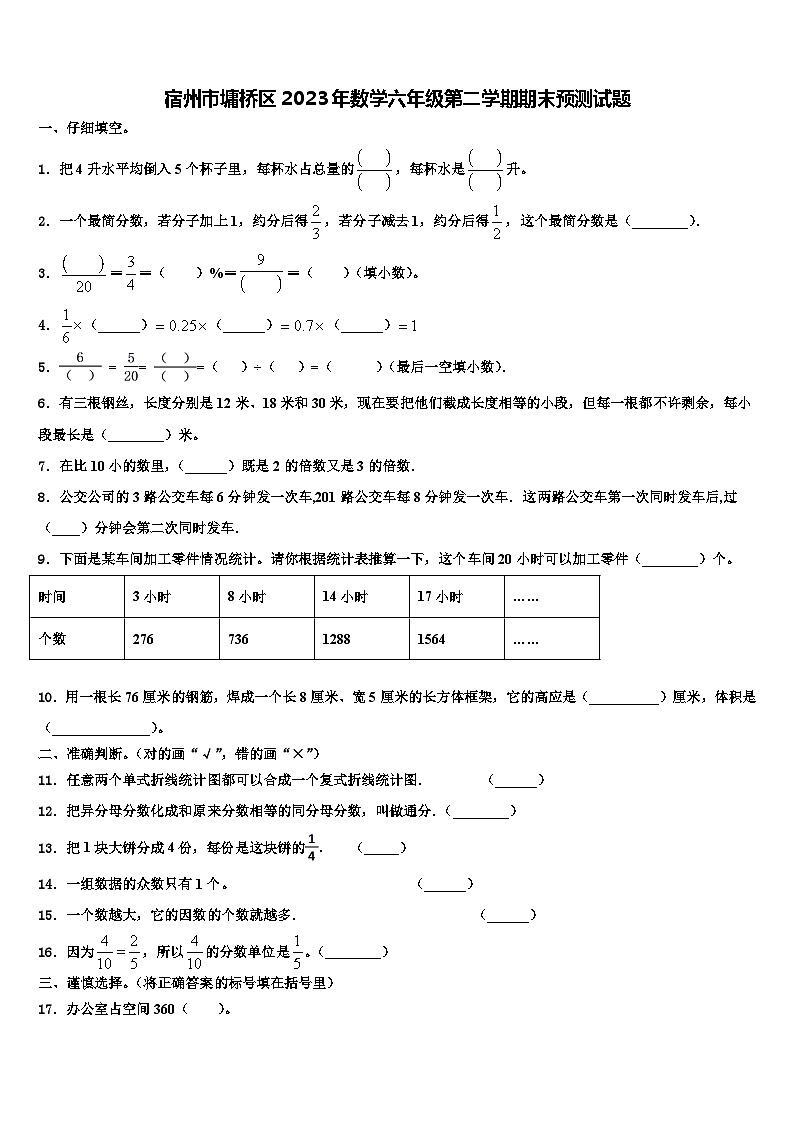 宿州市墉桥区2023年数学六年级第二学期期末预测试题含解析01