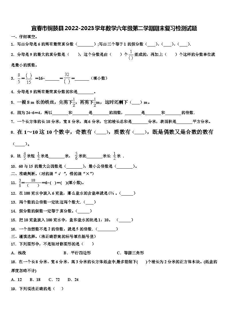 宜春市铜鼓县2022-2023学年数学六年级第二学期期末复习检测试题含解析01