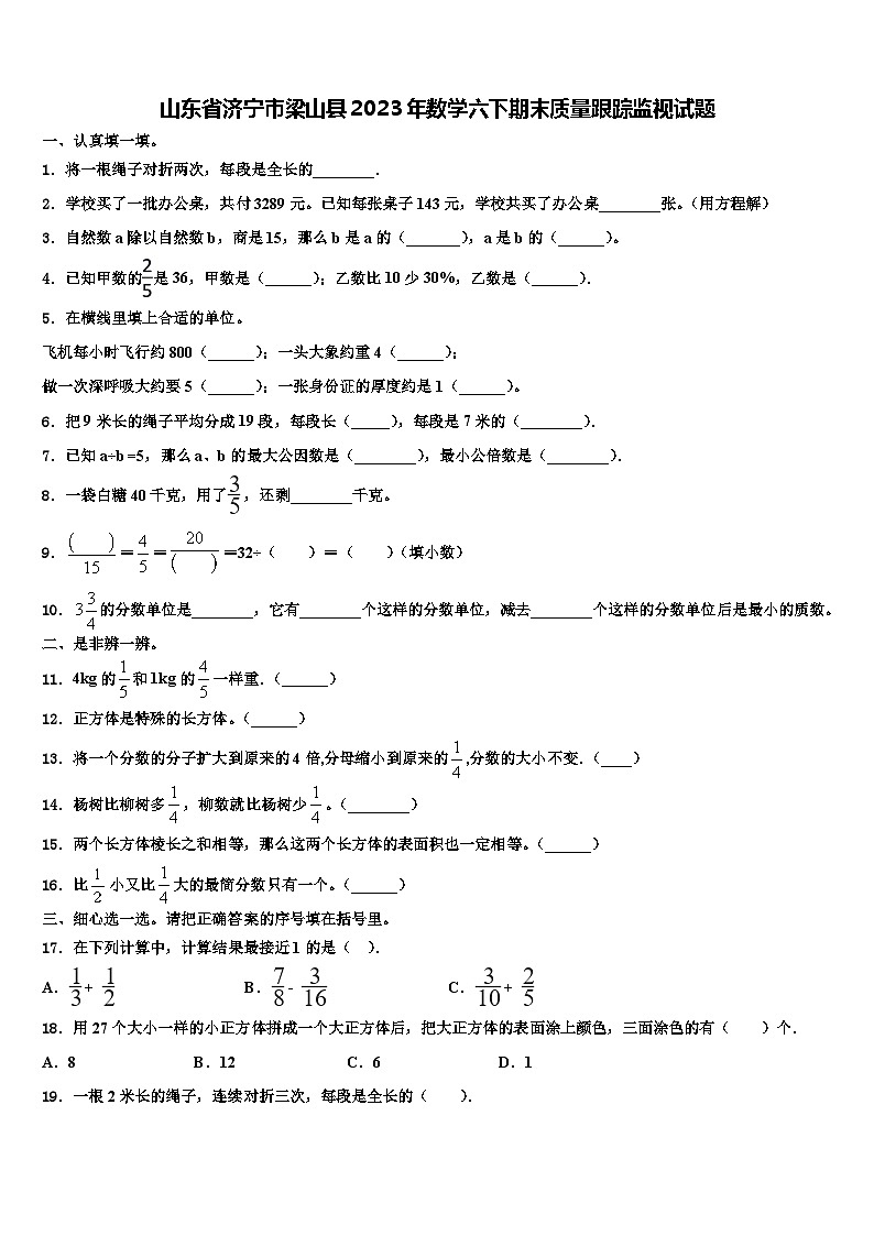 山东省济宁市梁山县2023年数学六下期末质量跟踪监视试题含解析01