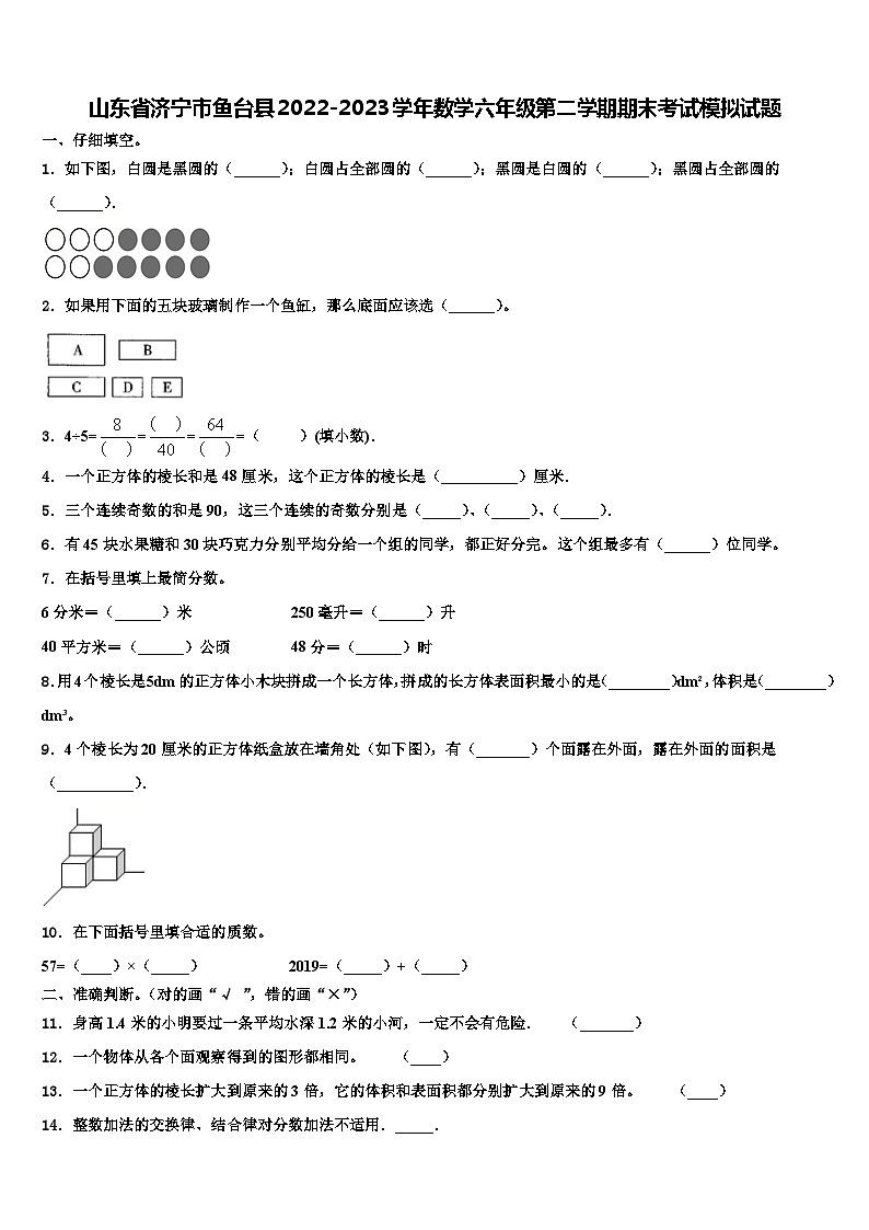 山东省济宁市鱼台县2022-2023学年数学六年级第二学期期末考试模拟试题含解析01