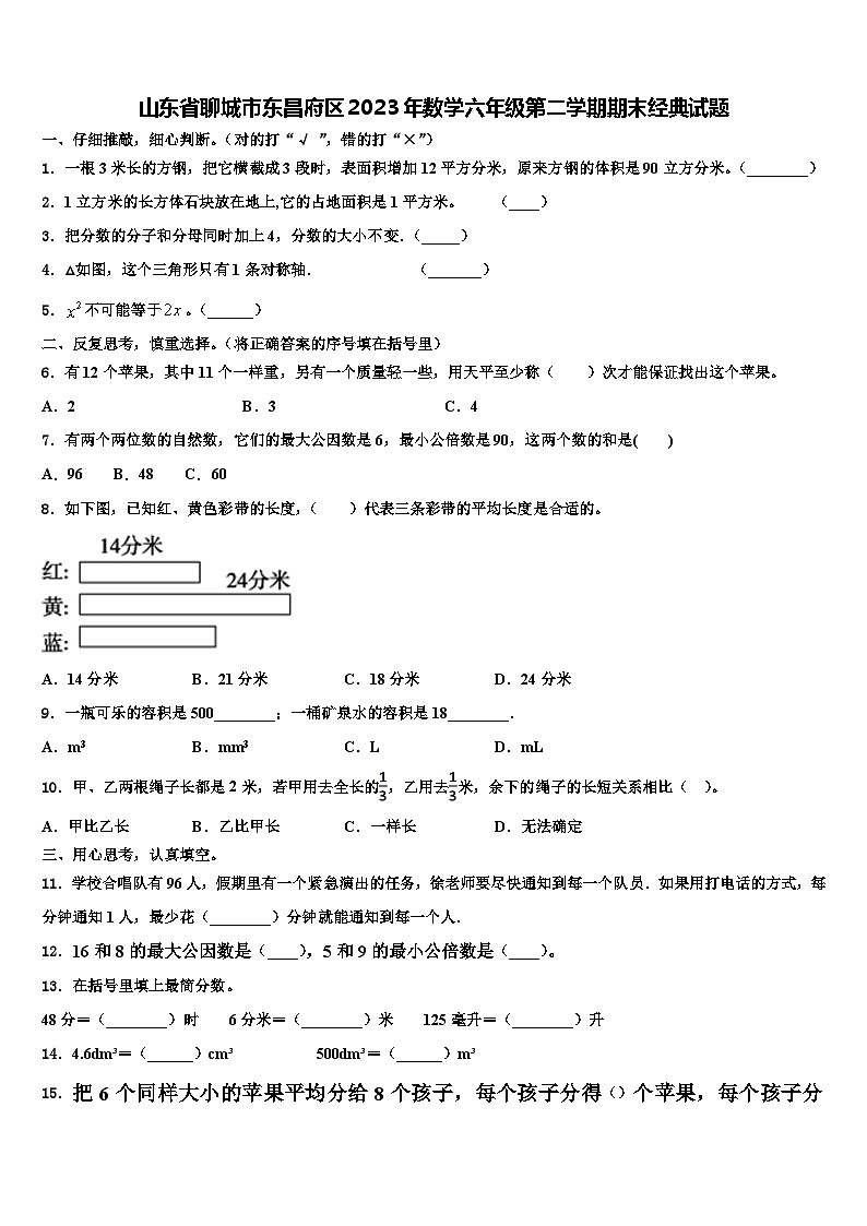 山东省聊城市东昌府区2023年数学六年级第二学期期末经典试题含解析第1页