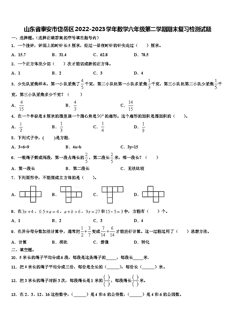 山东省泰安市岱岳区2022-2023学年数学六年级第二学期期末复习检测试题含解析第1页