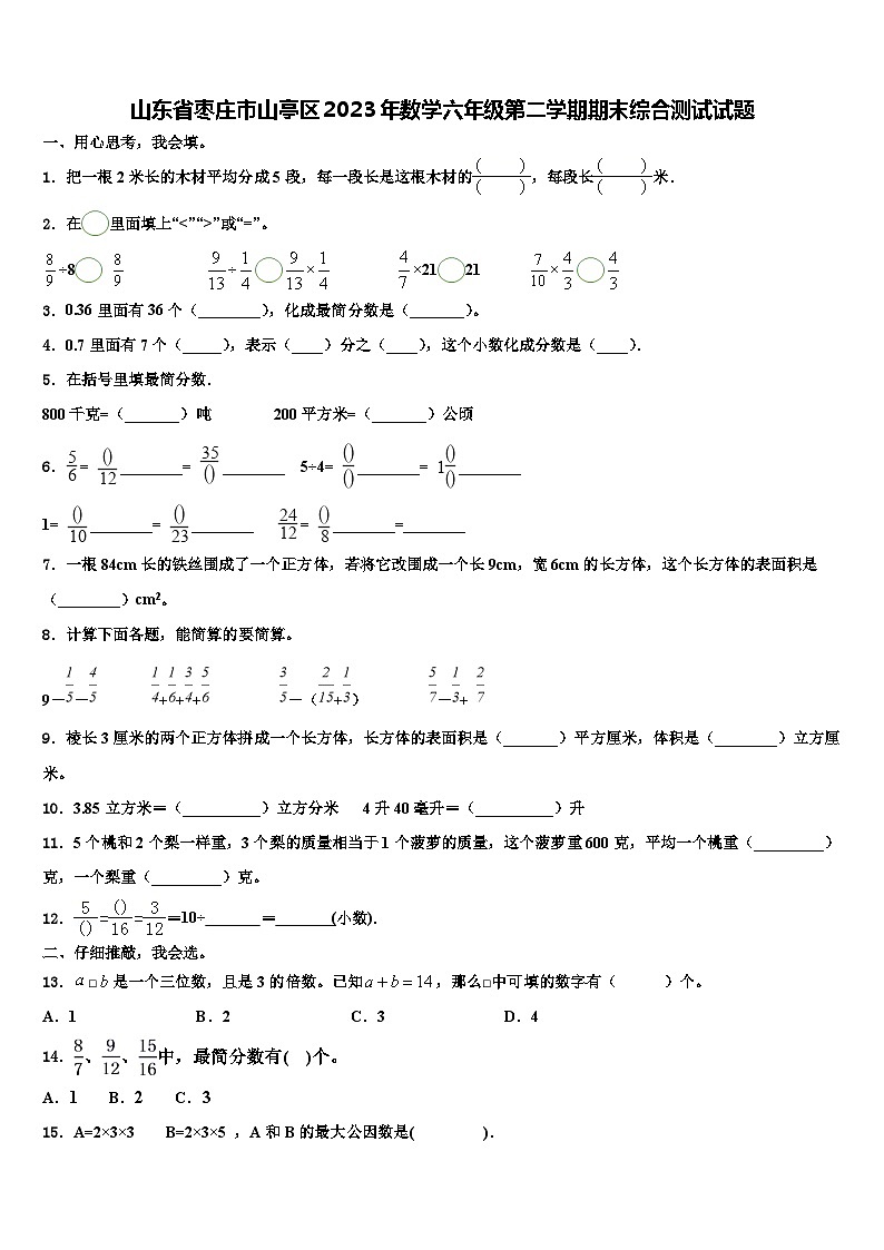 山东省枣庄市山亭区2023年数学六年级第二学期期末综合测试试题含解析01
