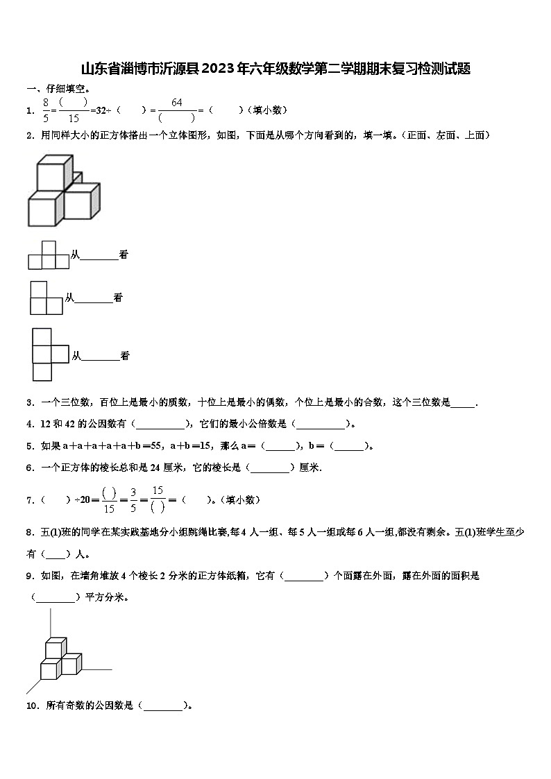 山东省淄博市沂源县2023年六年级数学第二学期期末复习检测试题含解析01