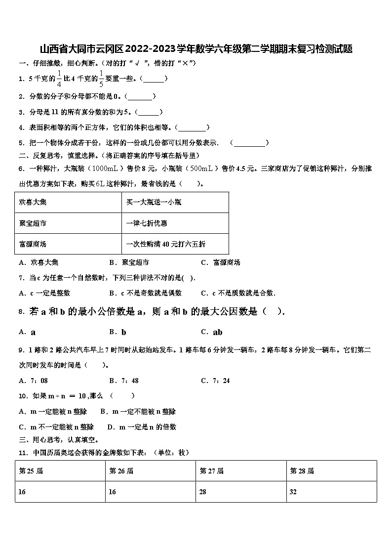 山西省大同市云冈区2022-2023学年数学六年级第二学期期末复习检测试题含解析第1页
