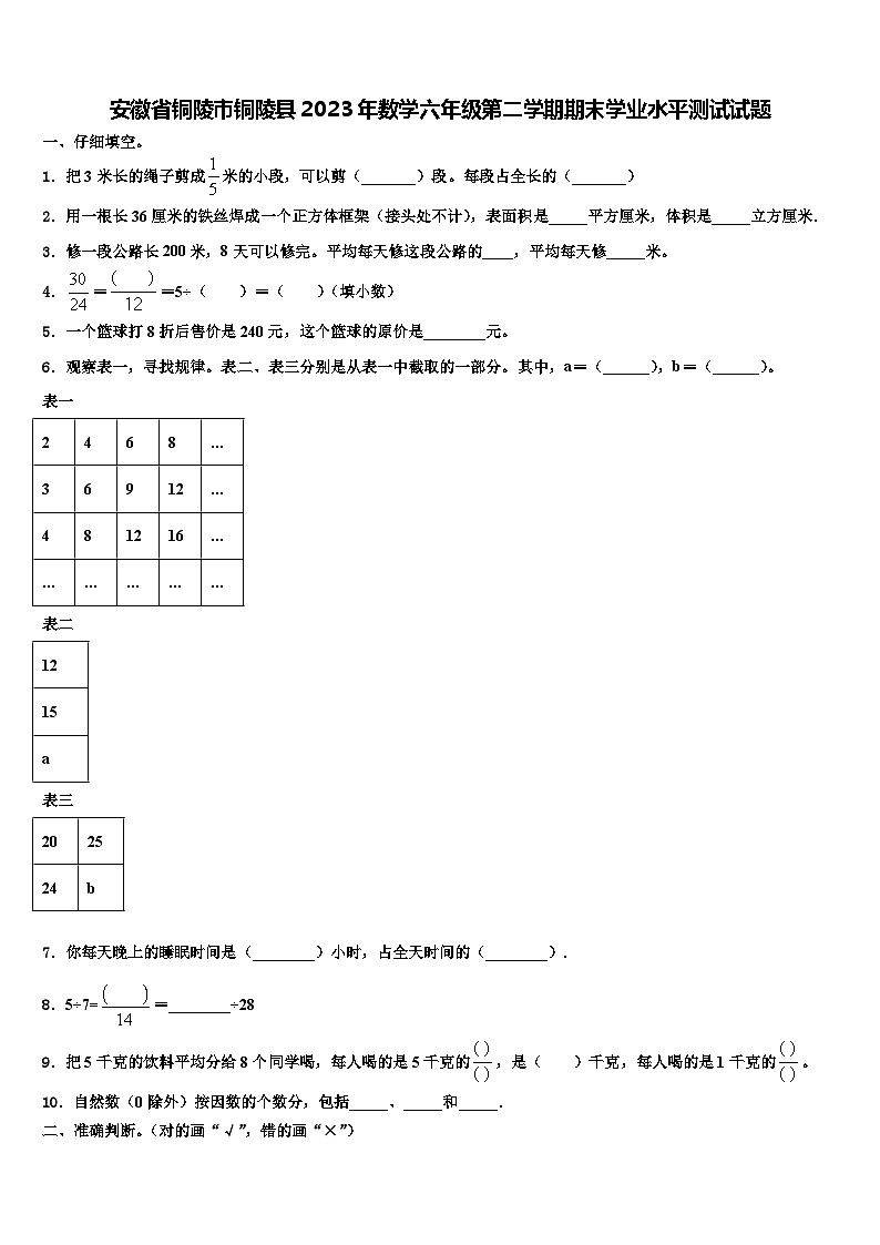 安徽省铜陵市铜陵县2023年数学六年级第二学期期末学业水平测试试题含解析01