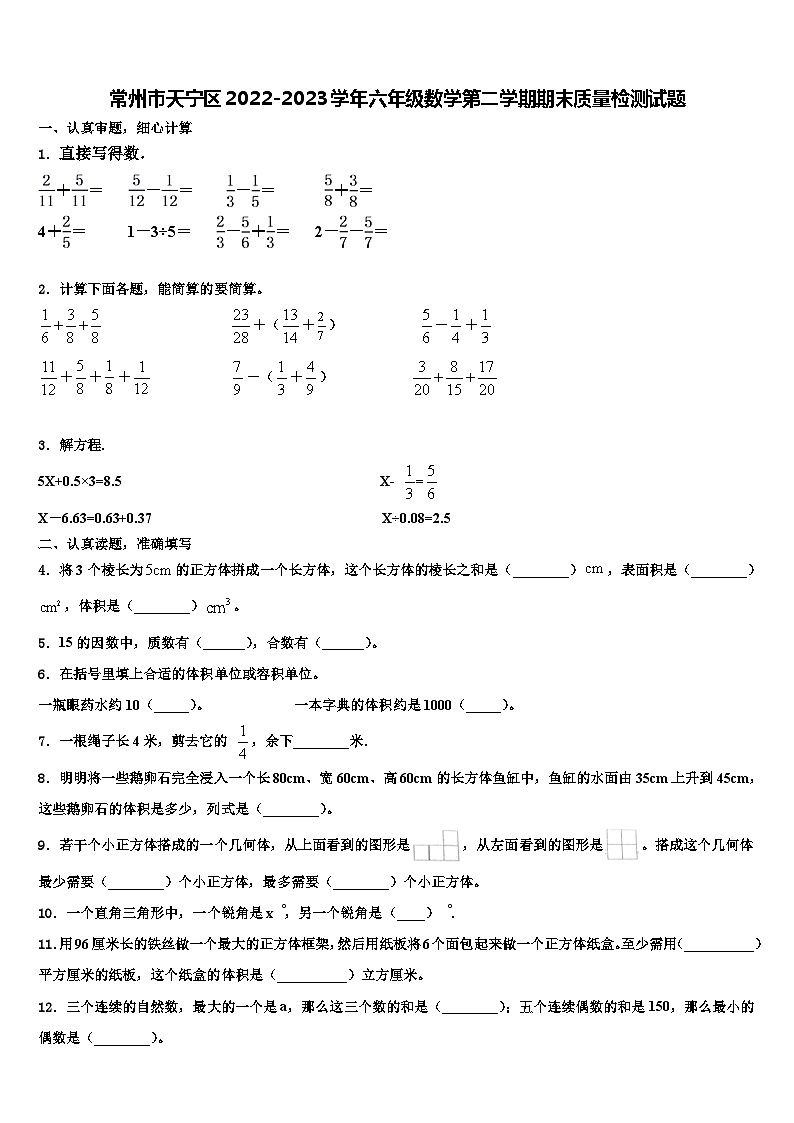 常州市天宁区2022-2023学年六年级数学第二学期期末质量检测试题含解析第1页