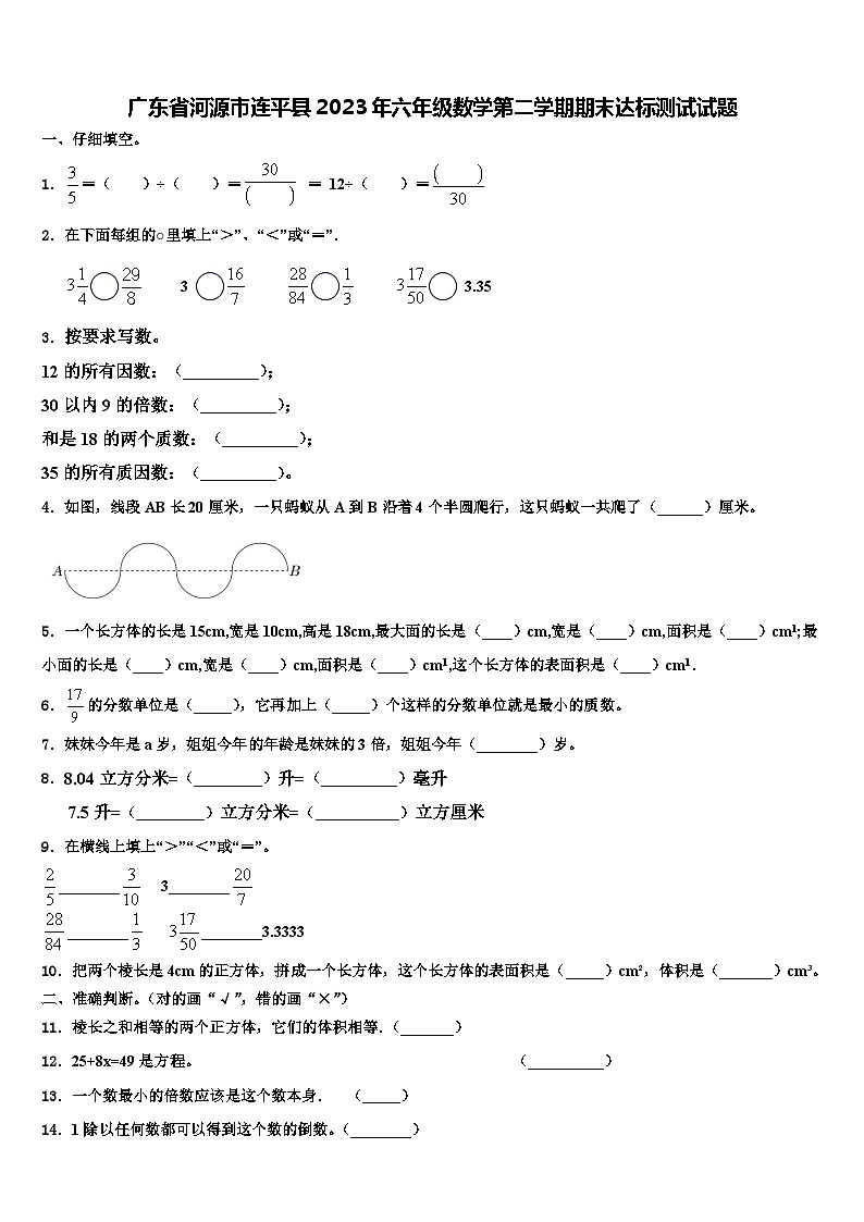 广东省河源市连平县2023年六年级数学第二学期期末达标测试试题含解析第1页
