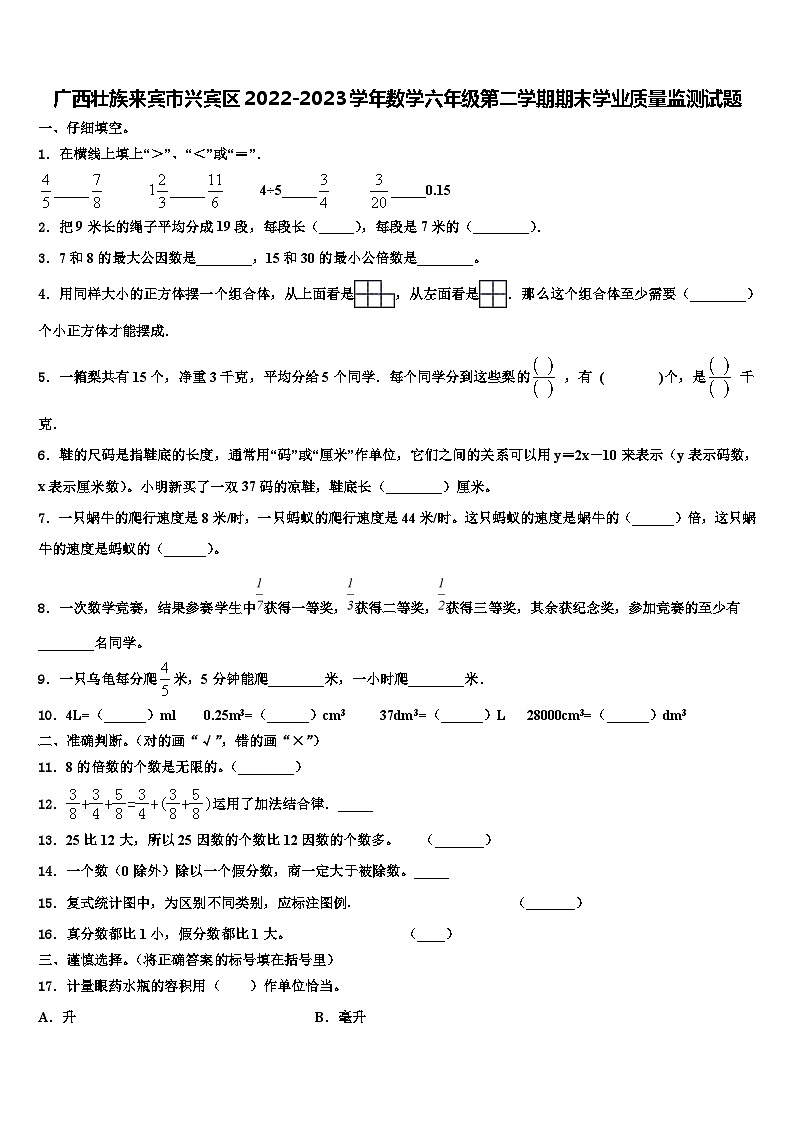 广西壮族来宾市兴宾区2022-2023学年数学六年级第二学期期末学业质量监测试题含解析01