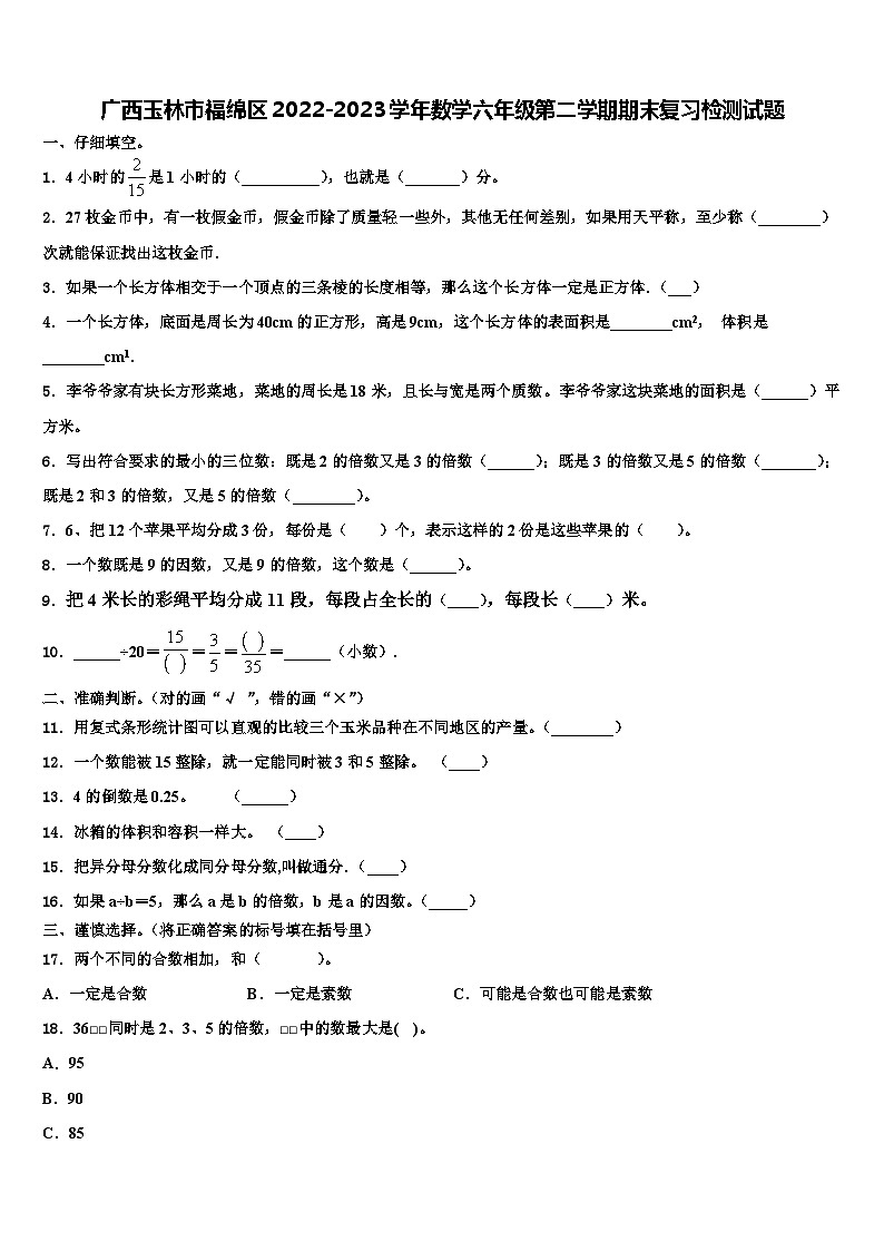 广西玉林市福绵区2022-2023学年数学六年级第二学期期末复习检测试题含解析第1页