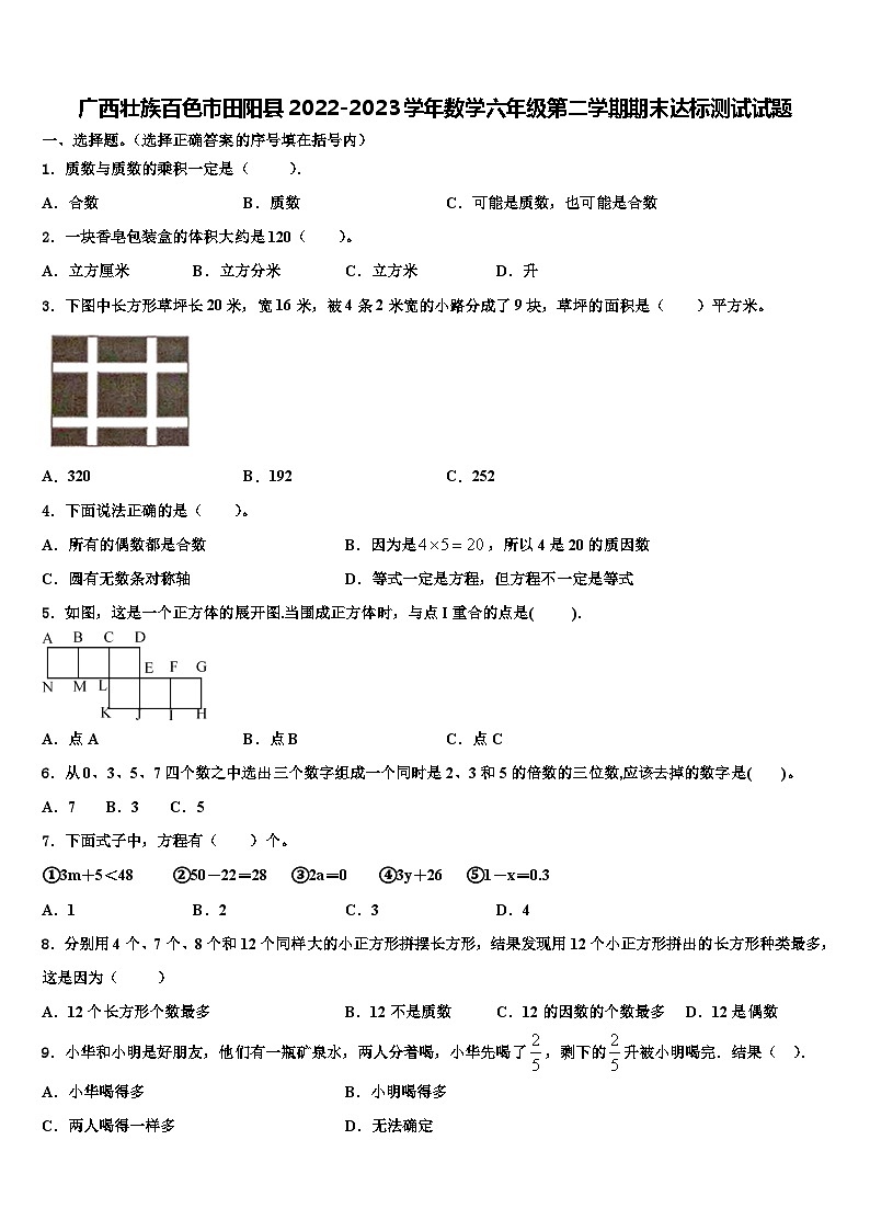 广西壮族百色市田阳县2022-2023学年数学六年级第二学期期末达标测试试题含解析第1页