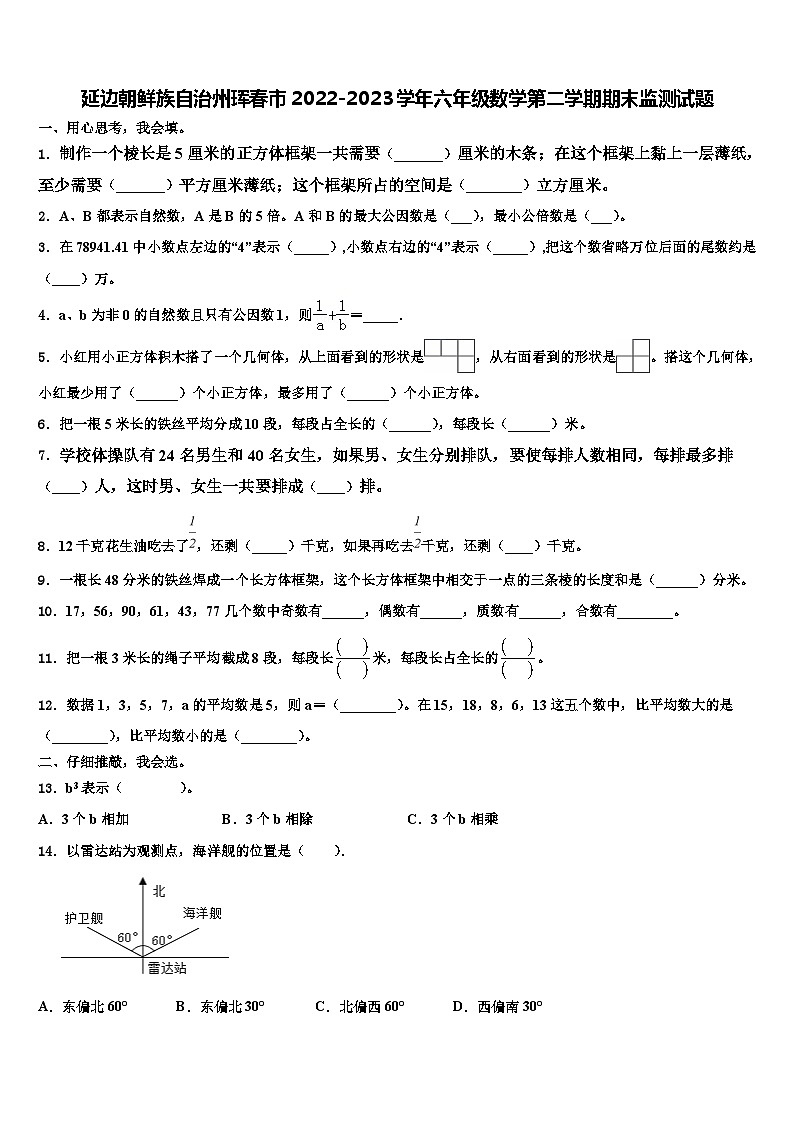 延边朝鲜族自治州珲春市2022-2023学年六年级数学第二学期期末监测试题含解析第1页