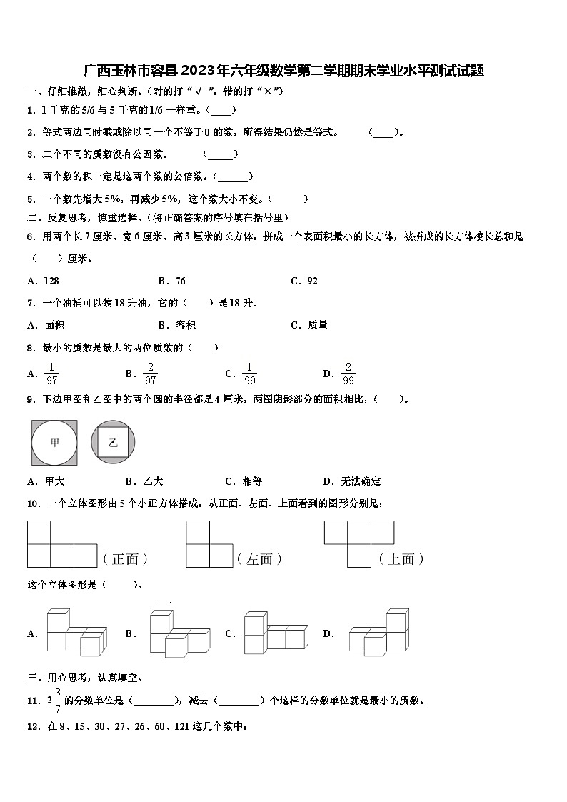 广西玉林市容县2023年六年级数学第二学期期末学业水平测试试题含解析01