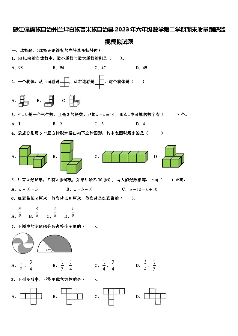 怒江傈僳族自治州兰坪白族普米族自治县2023年六年级数学第二学期期末质量跟踪监视模拟试题含解析第1页