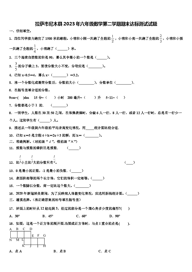 拉萨市尼木县2023年六年级数学第二学期期末达标测试试题含解析第1页